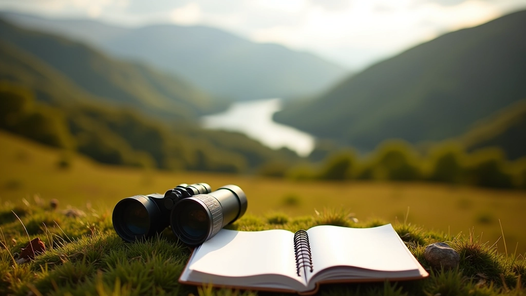 Binoculars and field notebook on hillside overlooking Muckross Lake valley landscape