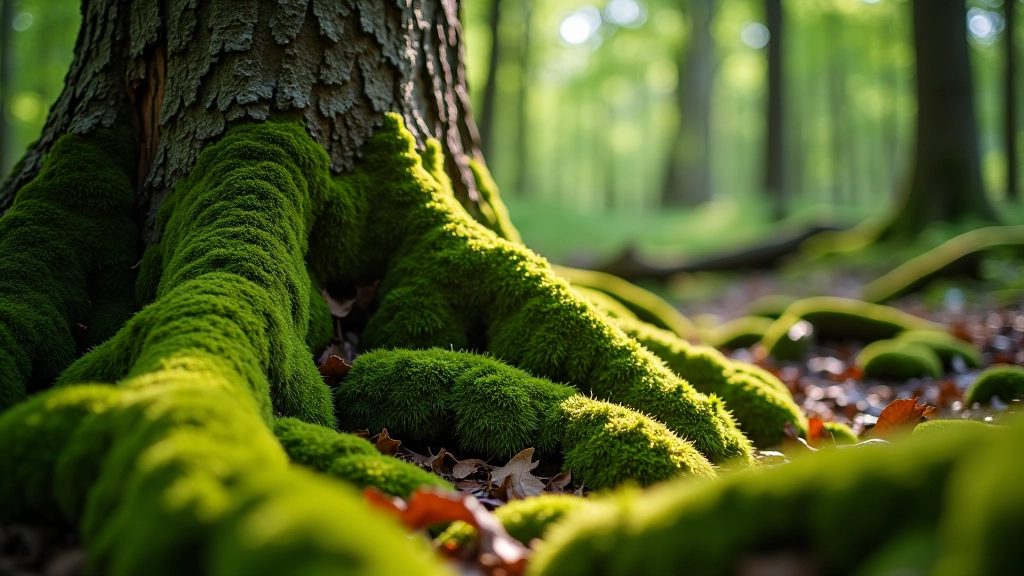 Detail shot of ancient oak tree bark and forest floor vegetation