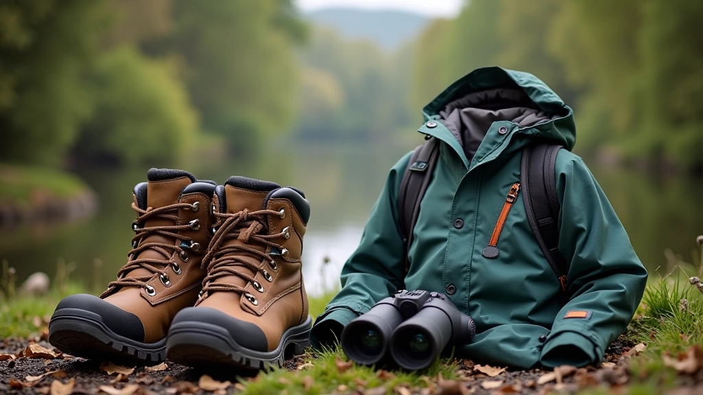 Hiking boots and outdoor gear laid out on natural outdoor surface, binoculars and waterproof clothing, wildlife watching preparation