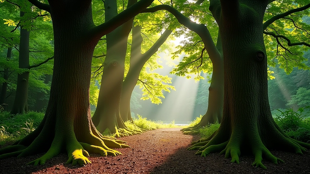 Ancient oak woodland forest with dappled sunlight filtering through mature trees