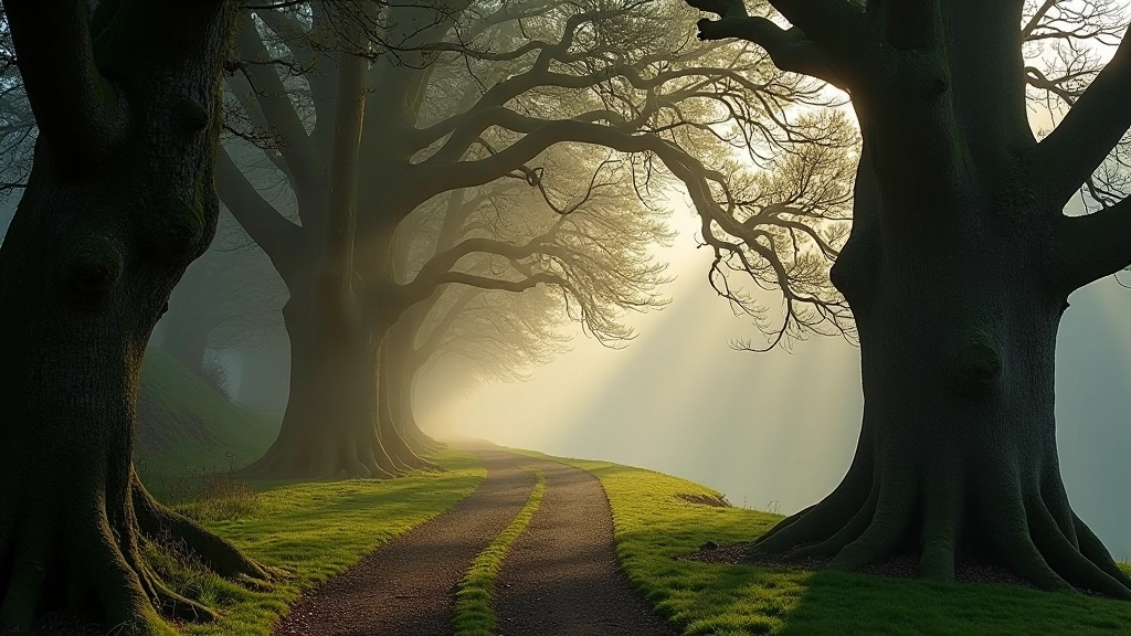 Ancient oak trees in misty woodland setting with dappled sunlight filtering through canopy