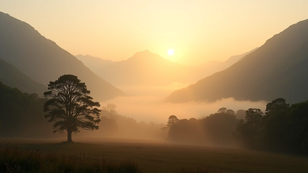 Golden morning light breaking through mist in Killarney valley, silhouetted hills and trees, serene dawn atmosphere