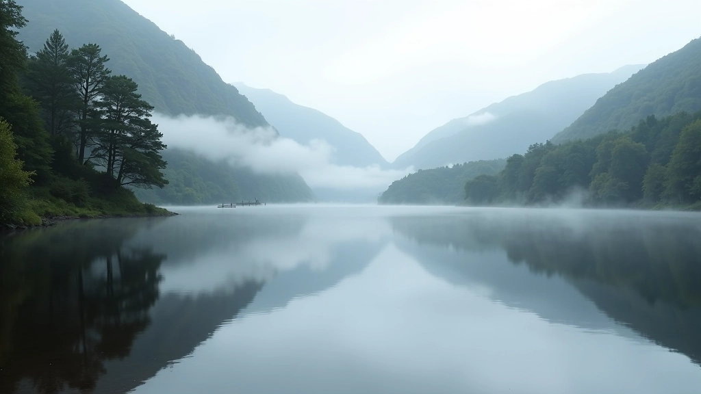 Scenic view of Muckross Lake at sunrise with mist rising from the water