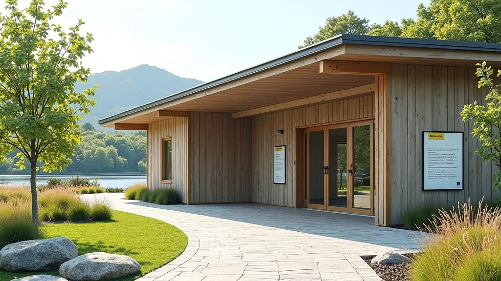 Modern visitor centre building entrance with clear signage and welcoming grounds
