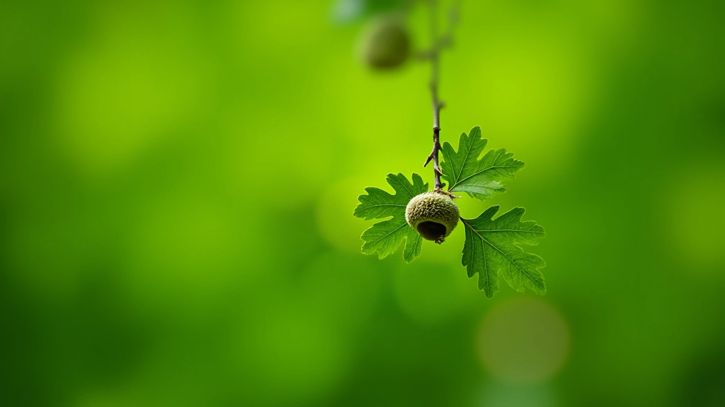 Close-up of oak leaves and acorns showing lobed leaf structure and acorn cups on branch