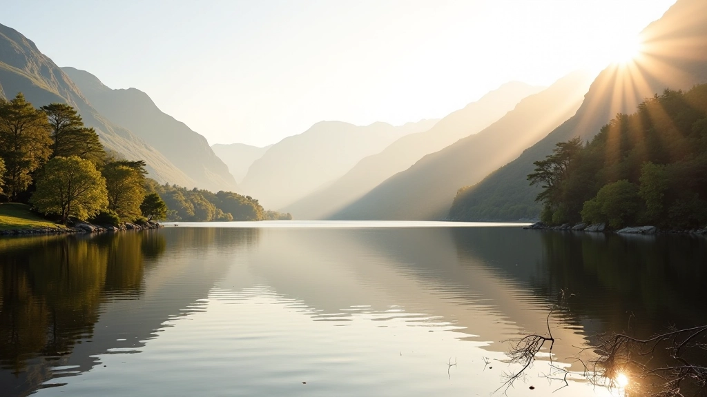 Serene lakeside landscape with ancient trees and calm water reflecting mountains at Killarney