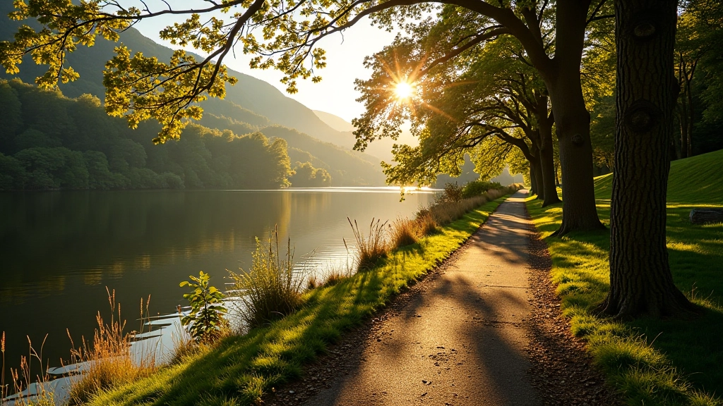 Scenic lakeside pathway with trees reflecting in calm water at Muckross Lake