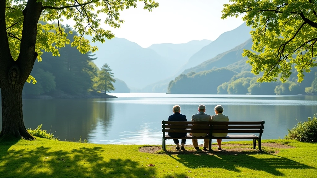 Peaceful waterside benches with mountain backdrop at Muckross Lake