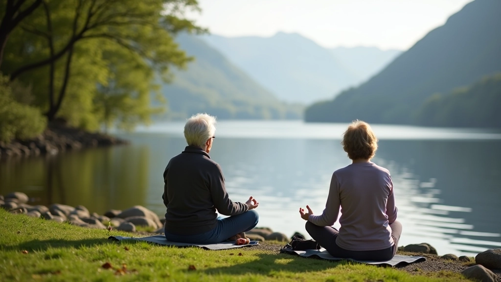 Peaceful lakeside meditation session by Muckross Lake with participants sitting on natural grass