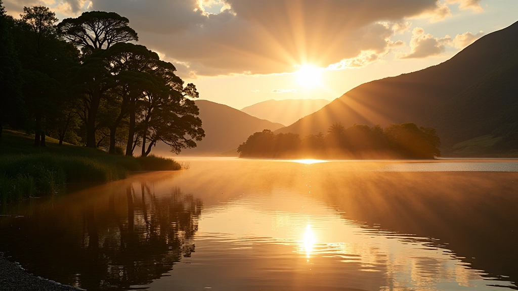 Peaceful lake shore view surrounded by oak woodland at Killarney National Park