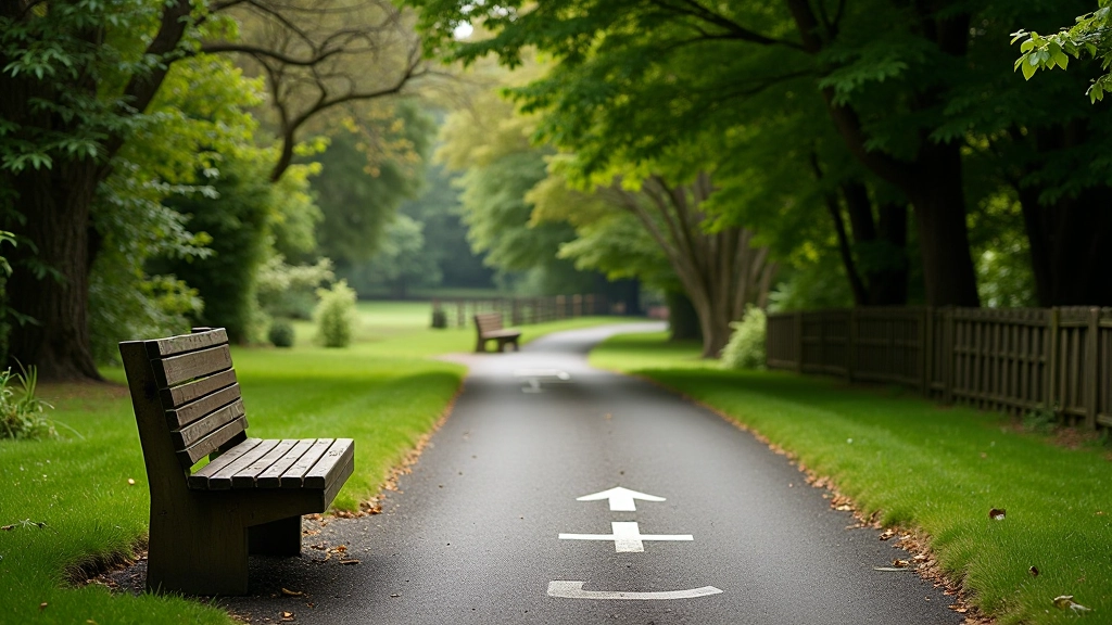 Smooth paved accessible pathway through park with directional signage and rest area