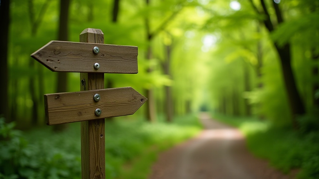 Wooden walking trail sign and path markers through natural woodland