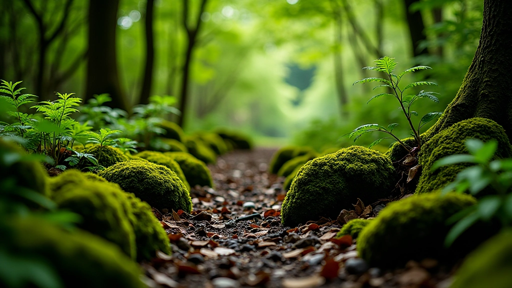Forest undergrowth with ferns, moss-covered rocks, and woodland plants creating natural habitat for wildlife